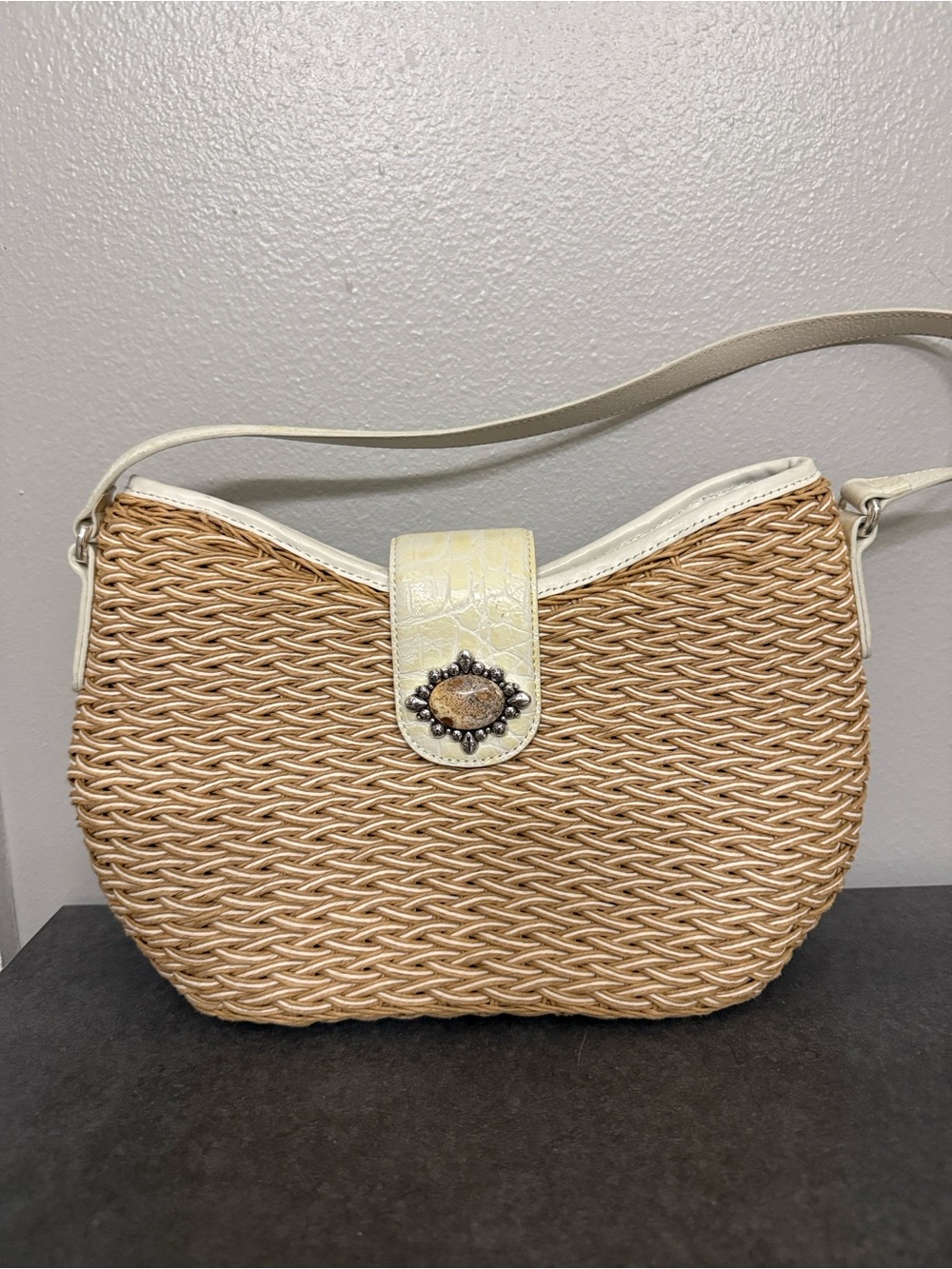 Brighton Natural Woven Shoulder Bag with Cream Trim hobo